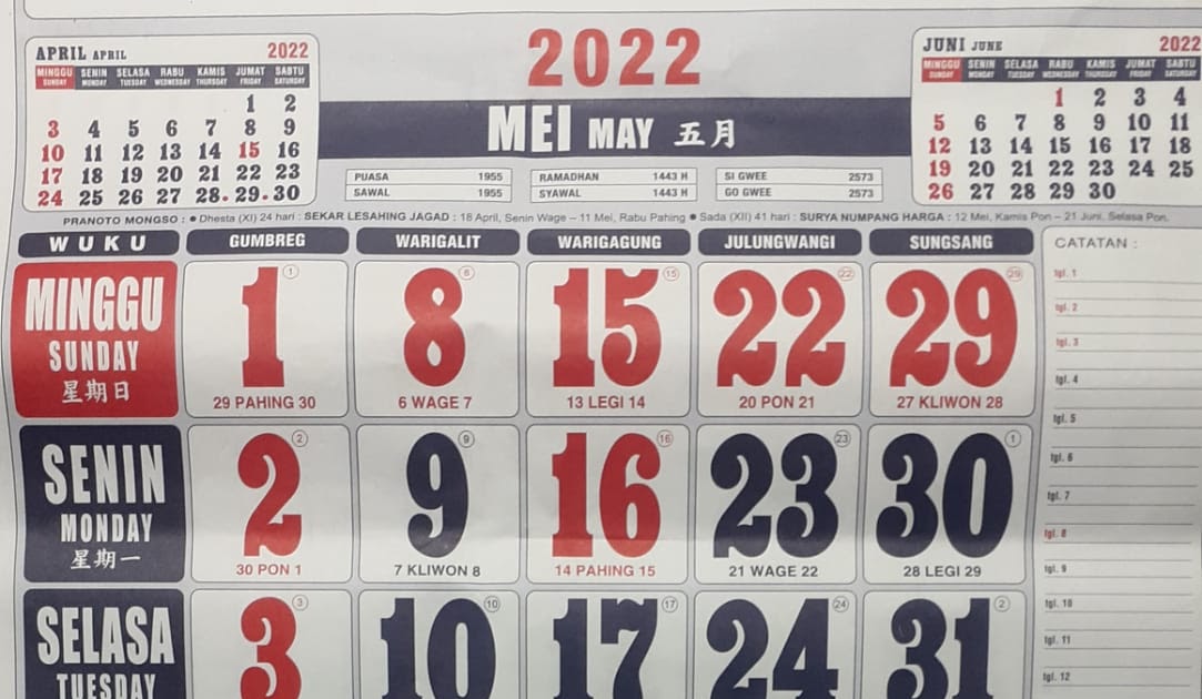 Kalender Mei 2022 Lengkap Dengan Tanggal Merah Dan Keterangannya